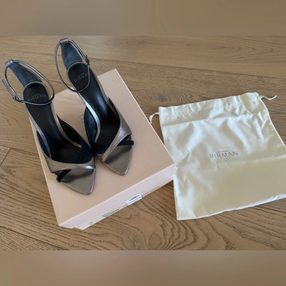 ALEXANDRE BIRMAN SELENA 100 HEEL Women's Silver Metallic black leather 37.5 new - Picture 2 of 8